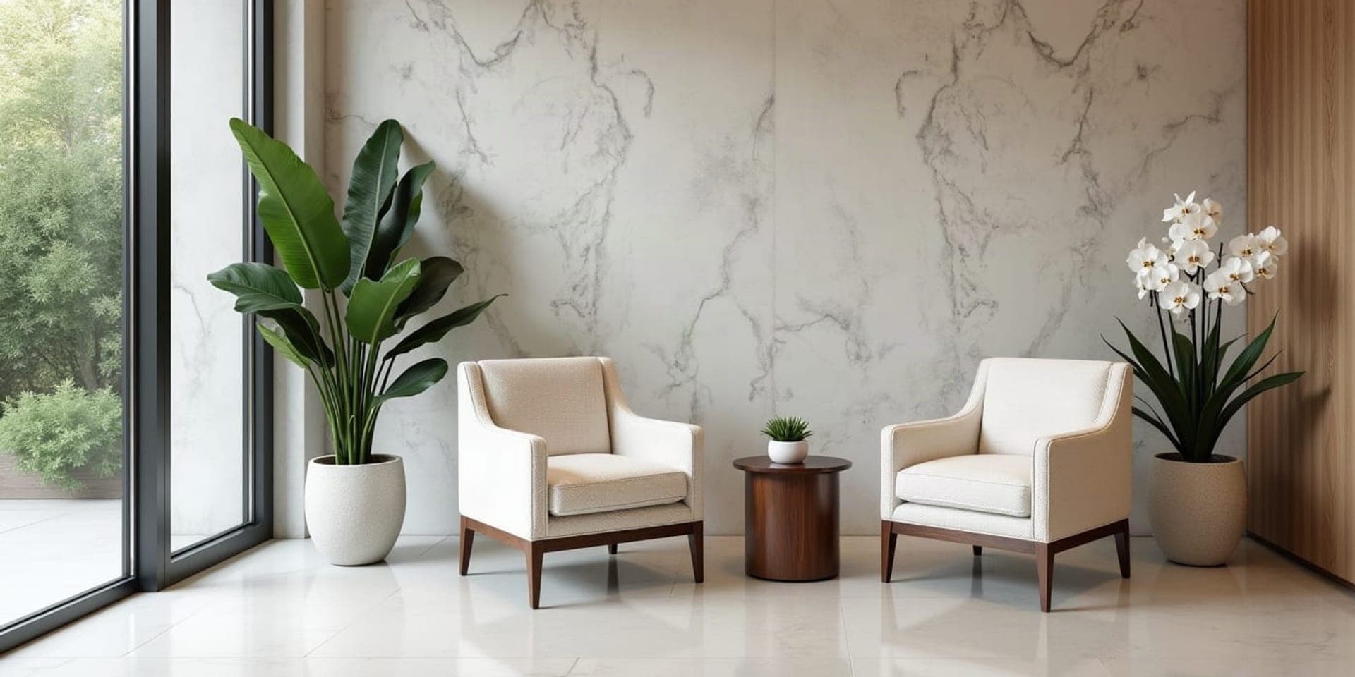 Salon de réception funéraire contemporain : fauteuils clairs, mur en marbre veiné, plantes vertes et lumière douce.