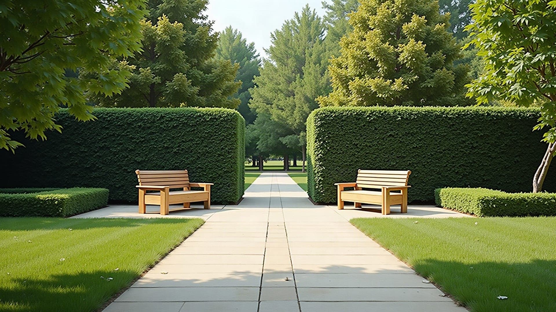 Jardin du souvenir au gazon soigné, bancs sobres en bois clair disposés autour d'un espace recueilli.