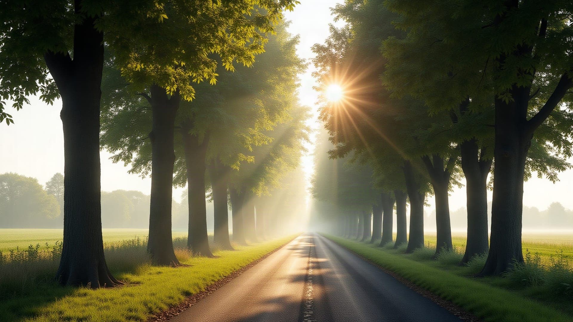 Route départementale bordée d'arbres dans la campagne de la Vienne, éclairée par la douceur du matin.